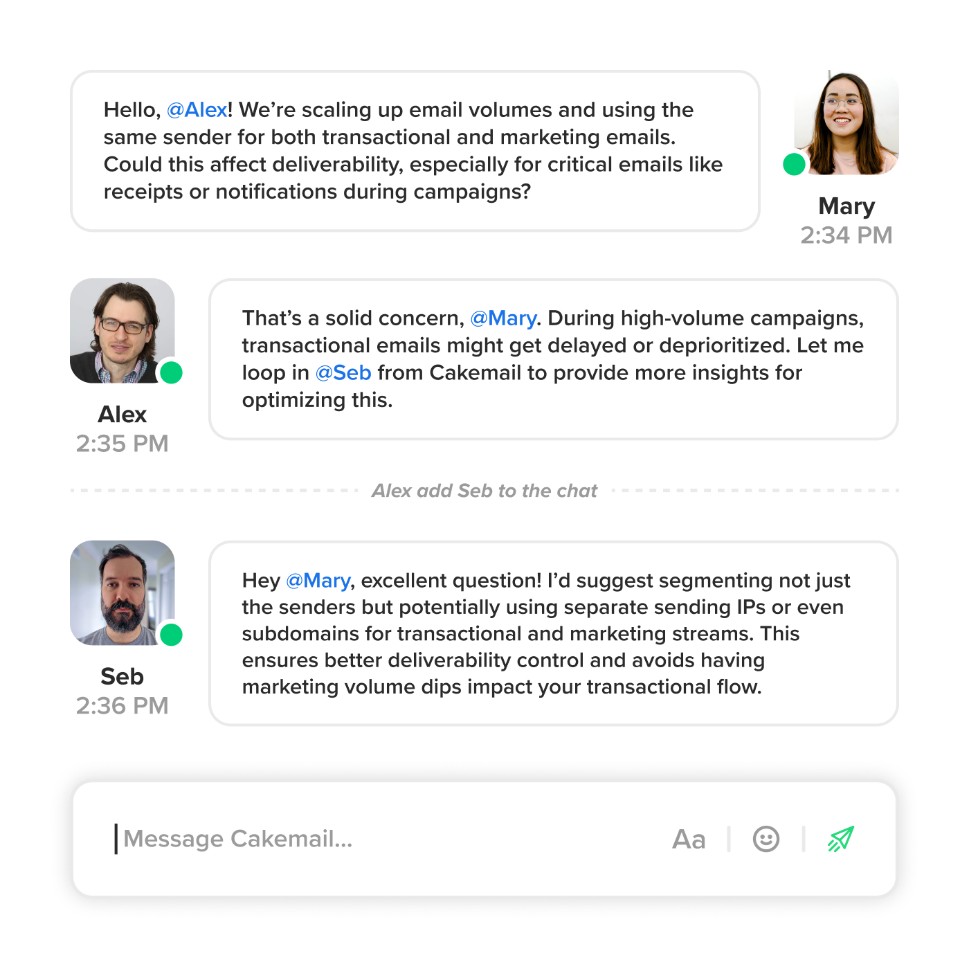 Une conversation d’assistance avec l’équipe Cakemail.