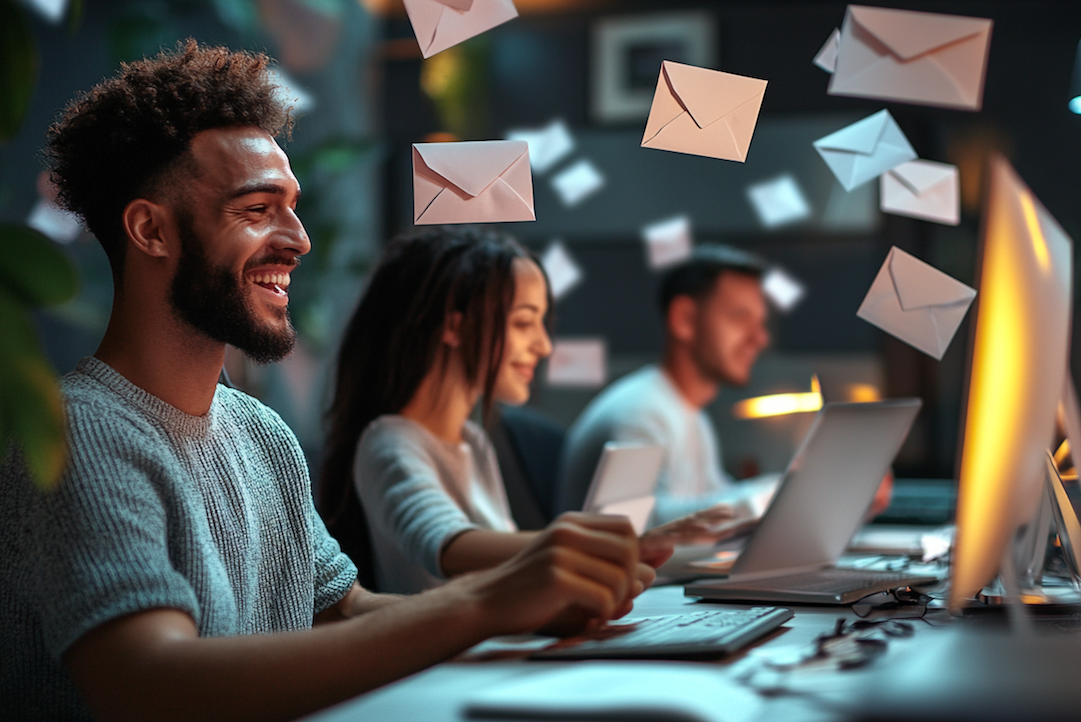 Programmeur souriant devant des ordinateurs avec des enveloppes