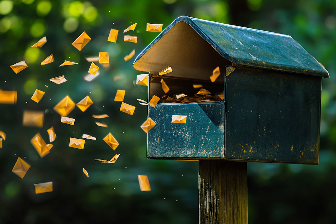 Vieille boîte aux lettres avec des mini enveloppes qui volent autour d'elle