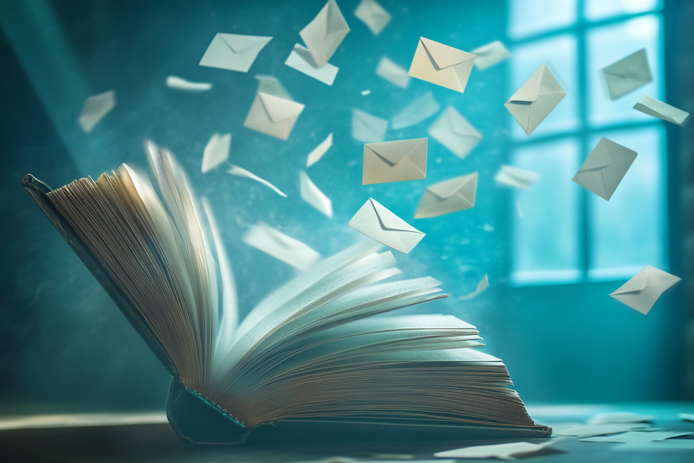 Image d'un grand livre ouvert d'où s'envolent de petites enveloppes