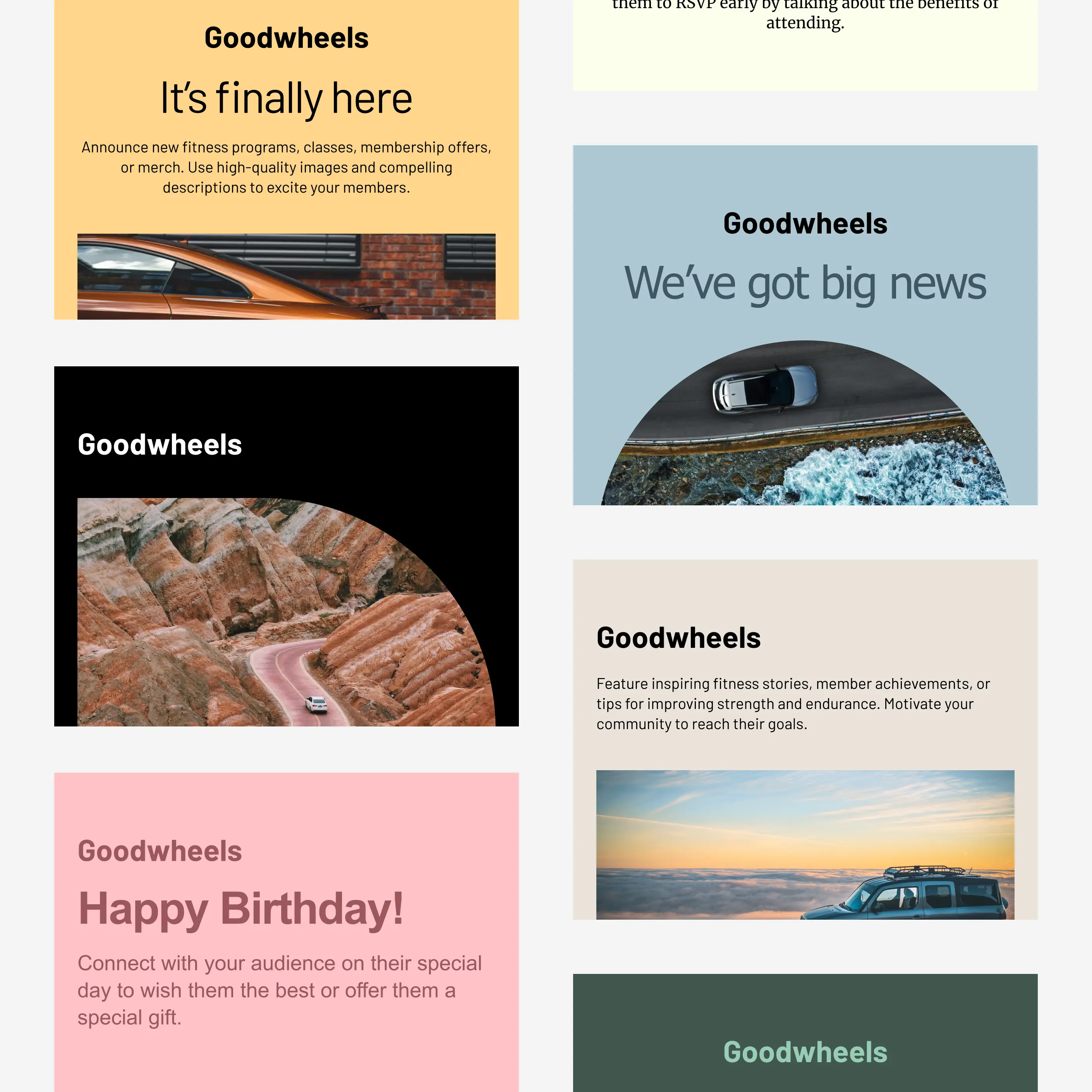 Une grille de modèles d’e-mails Cakemail pour concessionnaires.