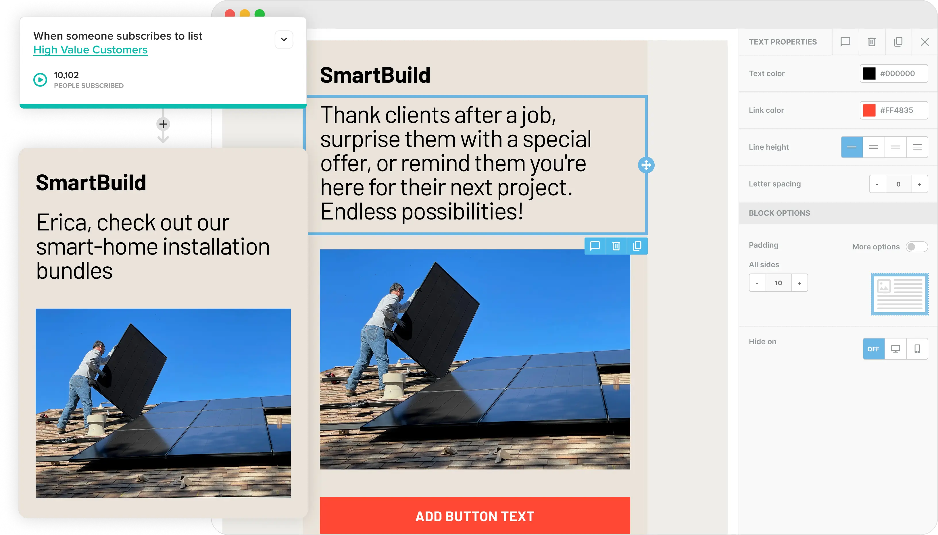 L’éditeur d’emails de Cakemail, avec un email pour entrepreneurs ouvert.