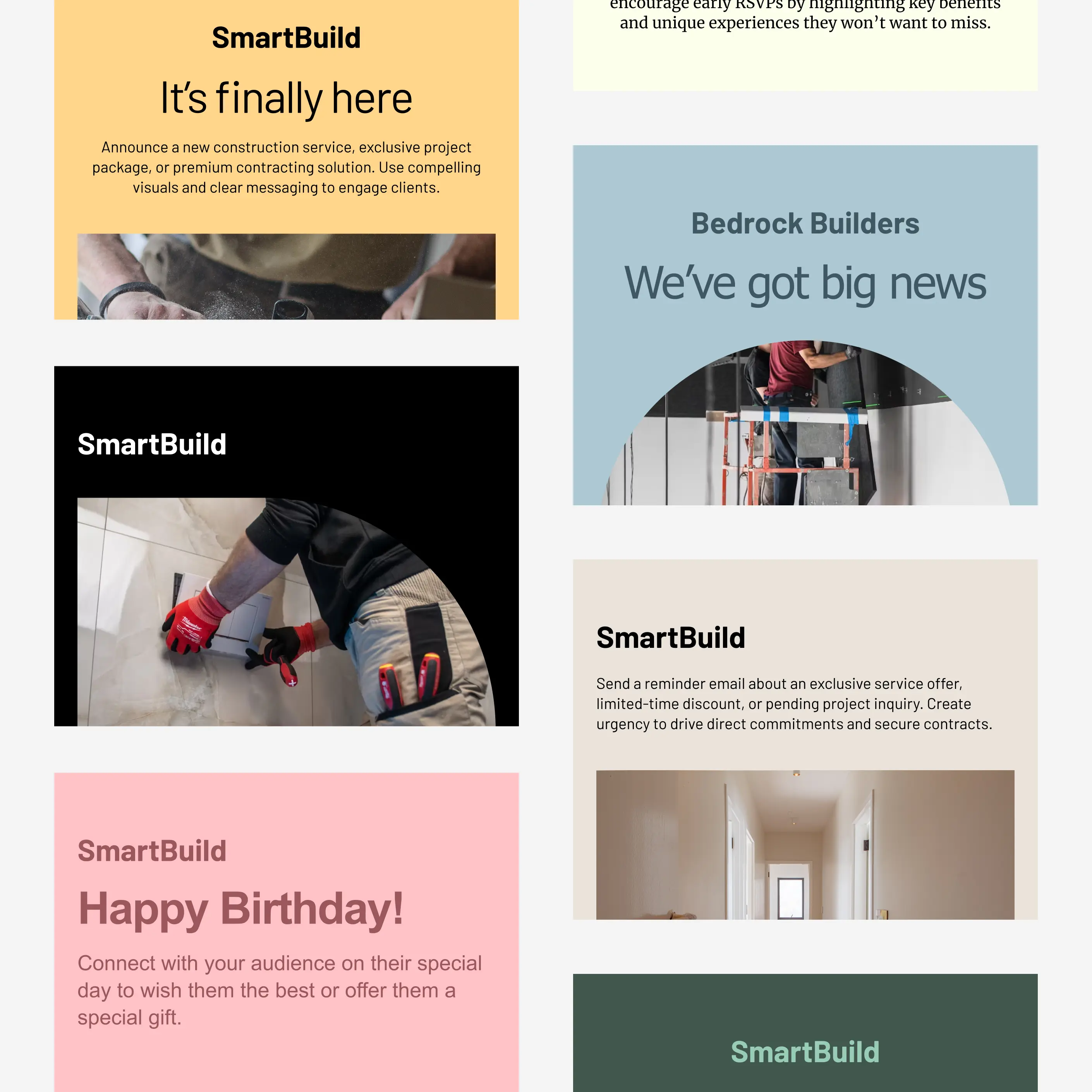 Une grille de modèles d’emails Cakemail pour entrepreneurs.