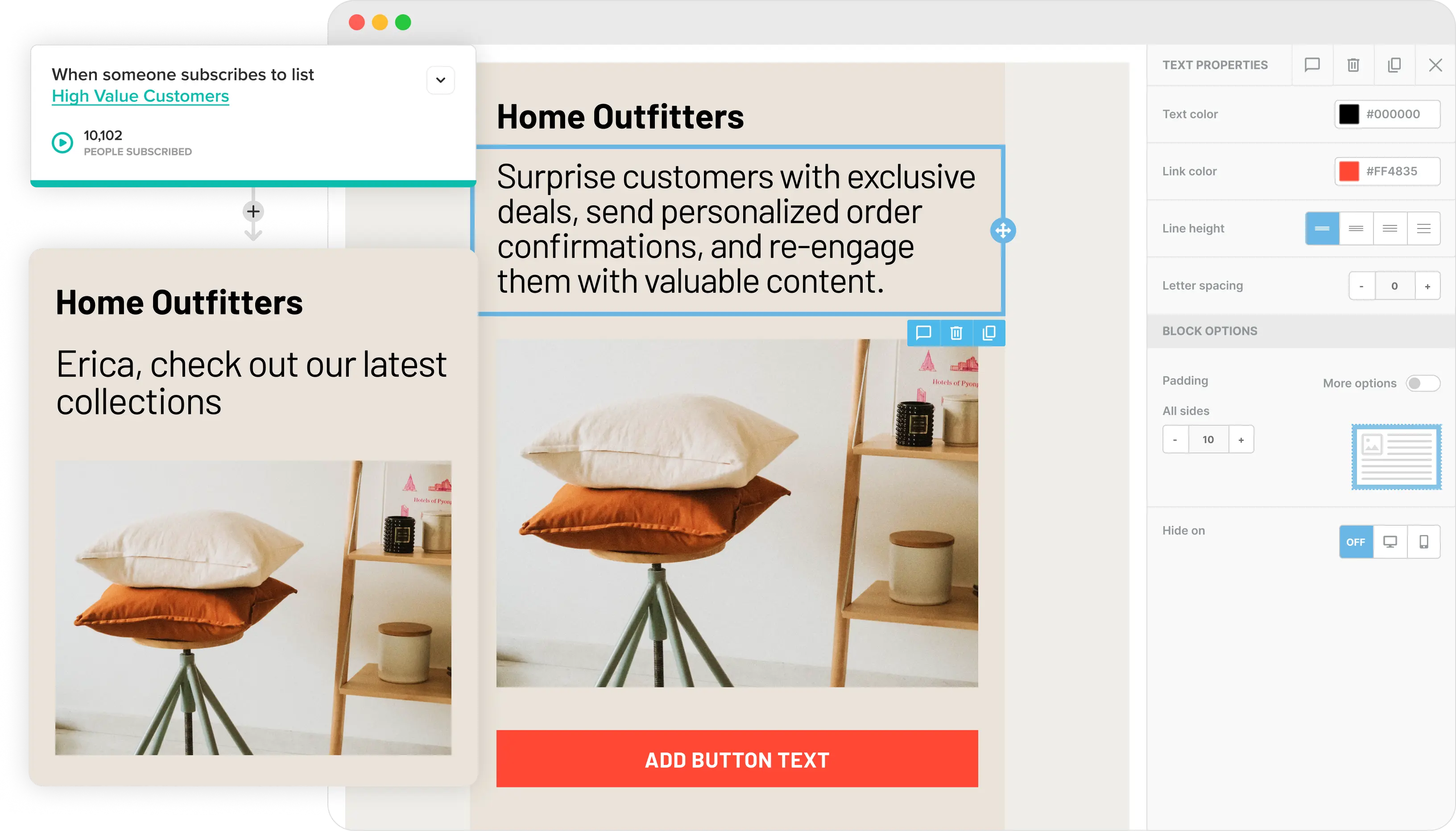 L’éditeur d’e-mails de Cakemail, avec un e-mail pour le commerce électronique ouvert.
