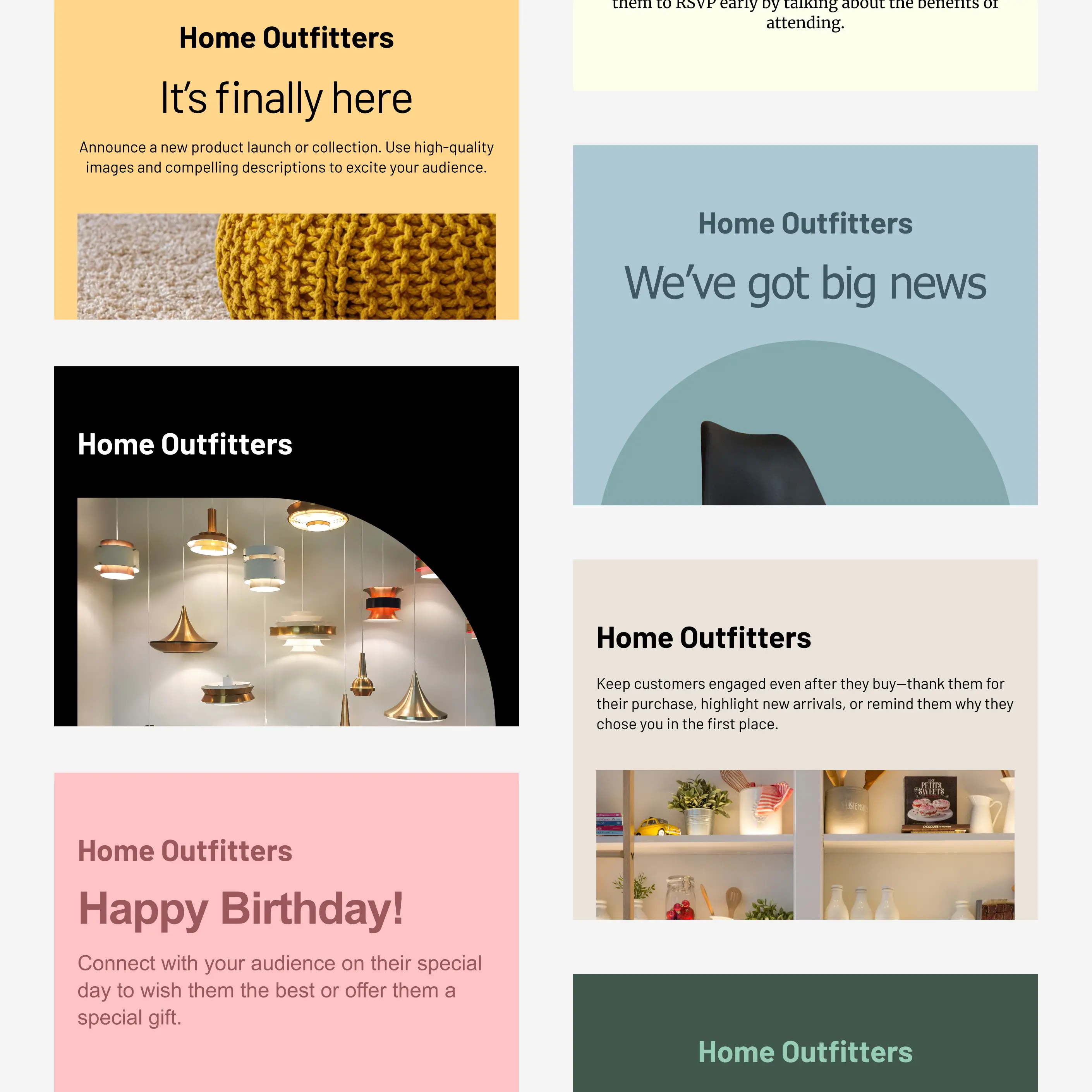 Une grille de modèles d’e-mails Cakemail pour le commerce électronique.