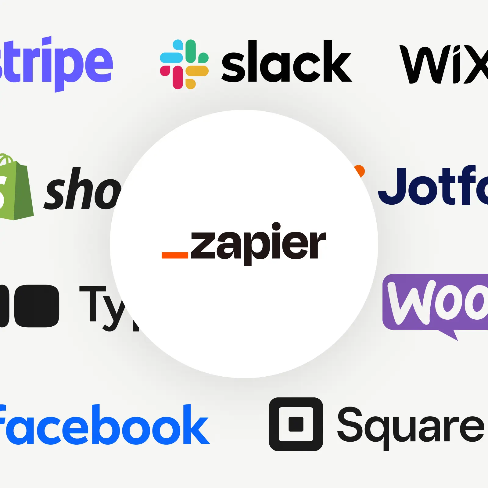Les logos de Stripe, Slack, Wix, Shopify, Zapier, Jotform, Typeform, WooCommerce, Facebook et Square.
