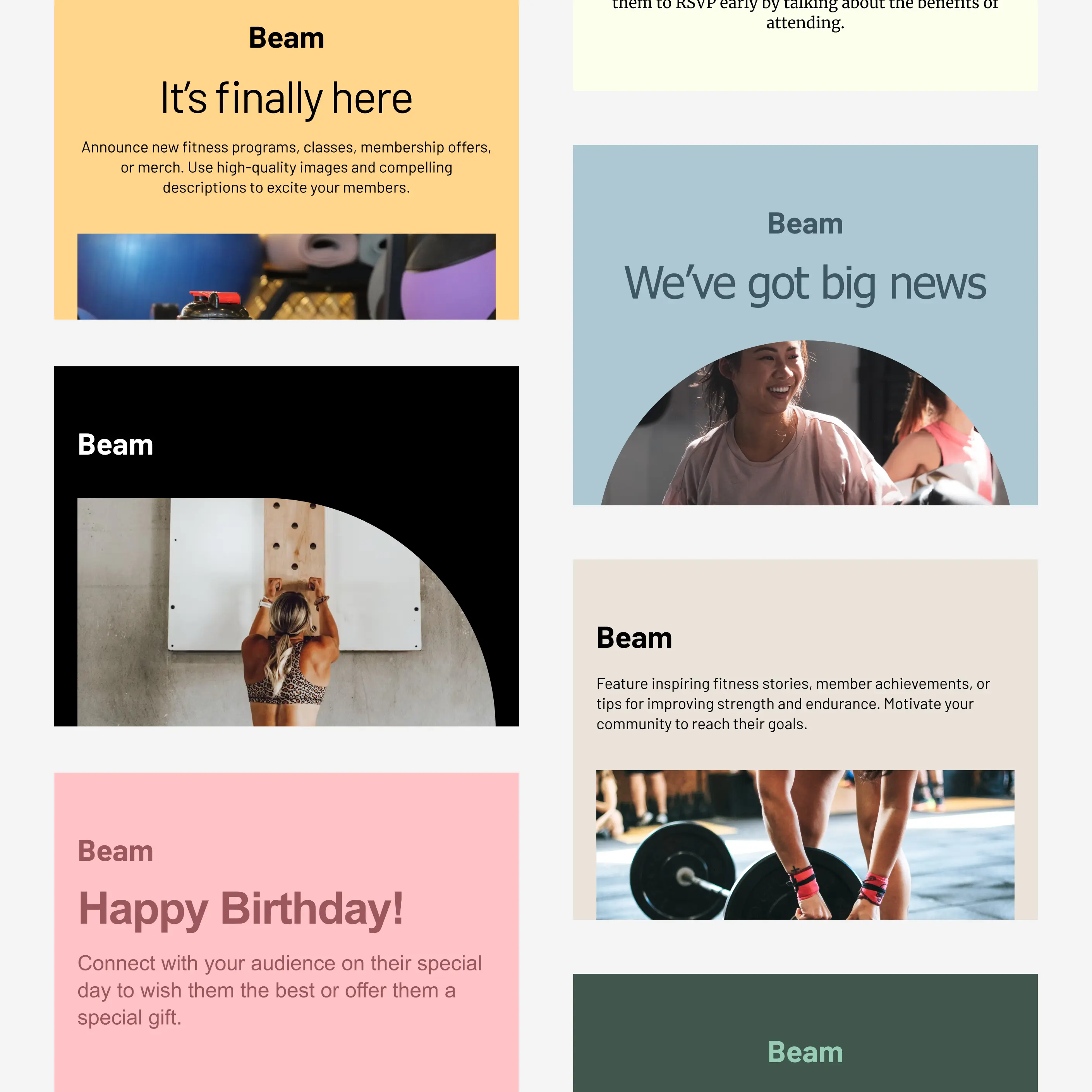 Une grille de modèles d’e-mails Cakemail pour les salles de sport.