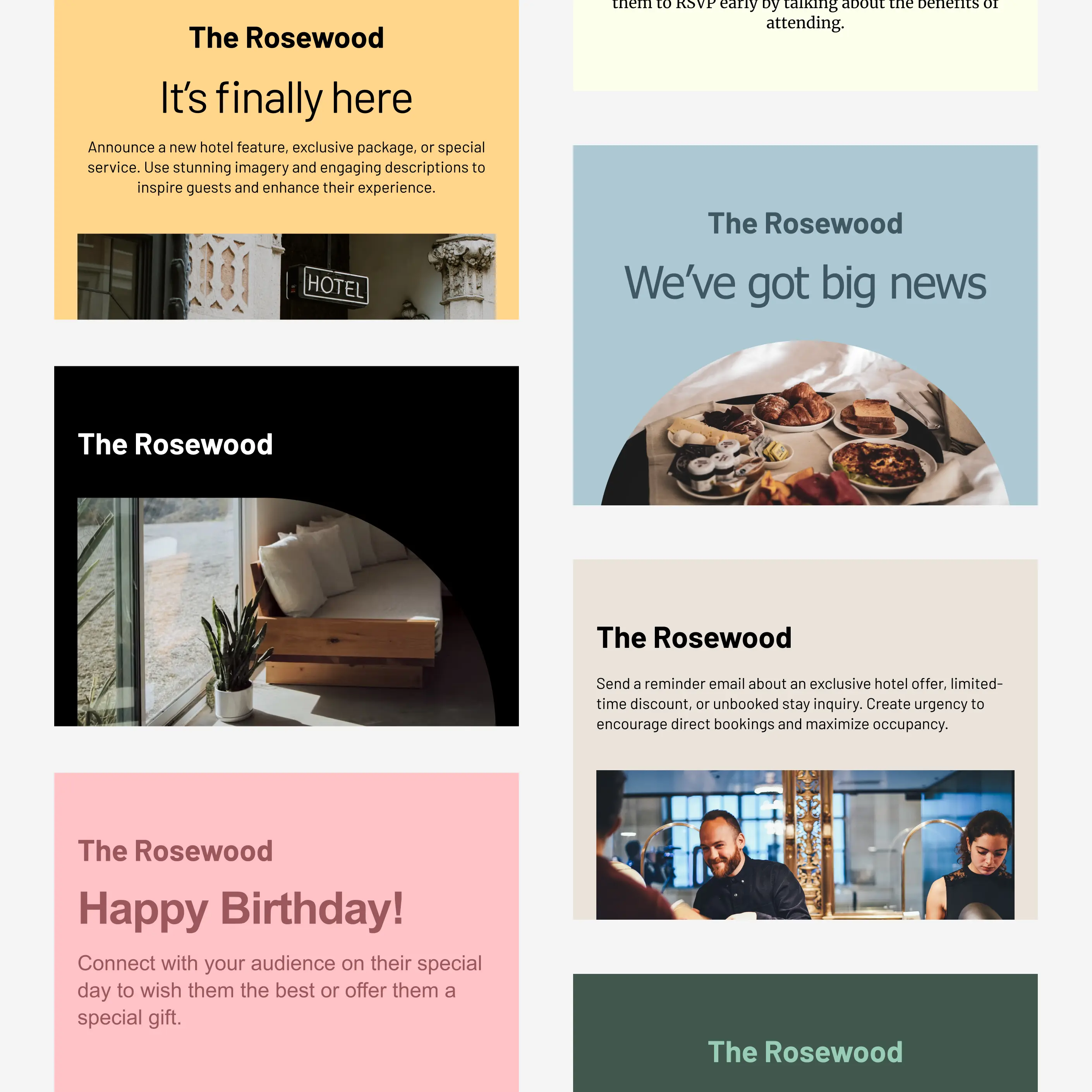 Une grille de modèles d’e-mails Cakemail pour les hôtels.