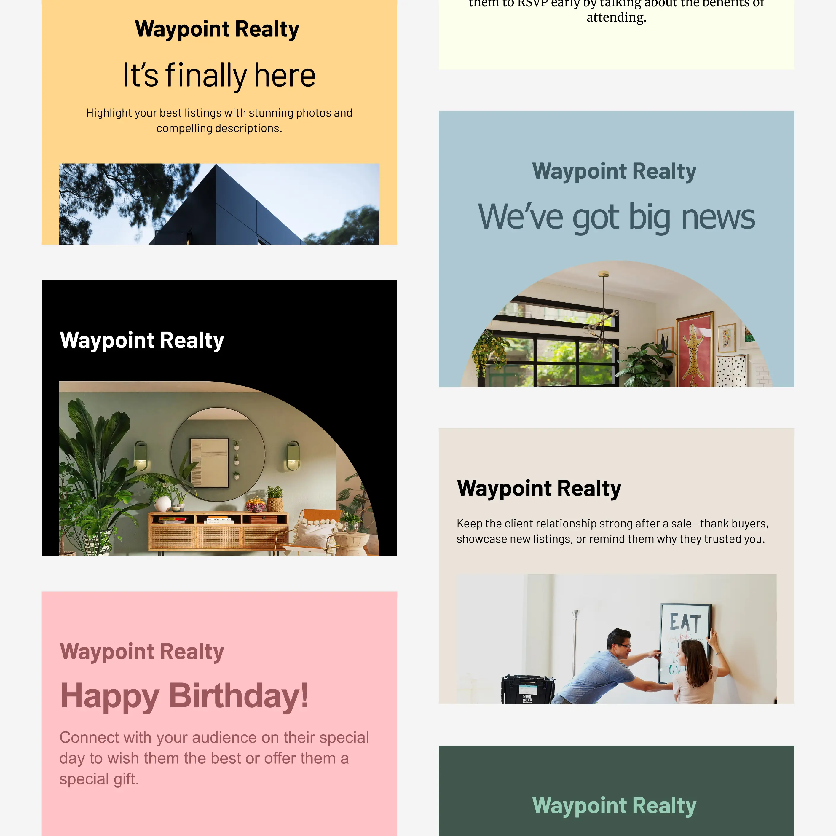 Une grille de modèles d’e-mails Cakemail pour l’immobilier.