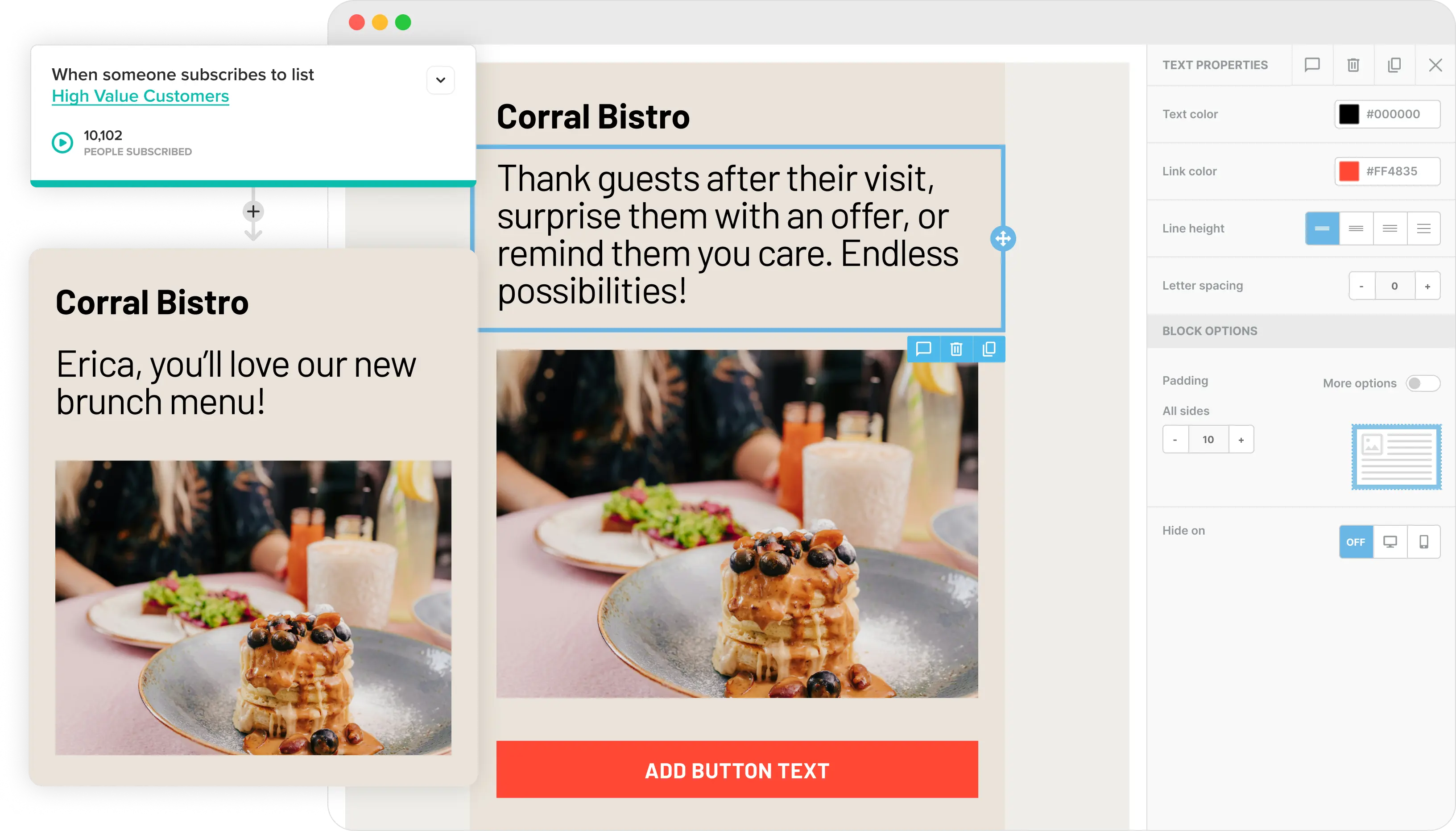 L’éditeur d’emails de Cakemail, avec un email pour les restaurants ouvert.