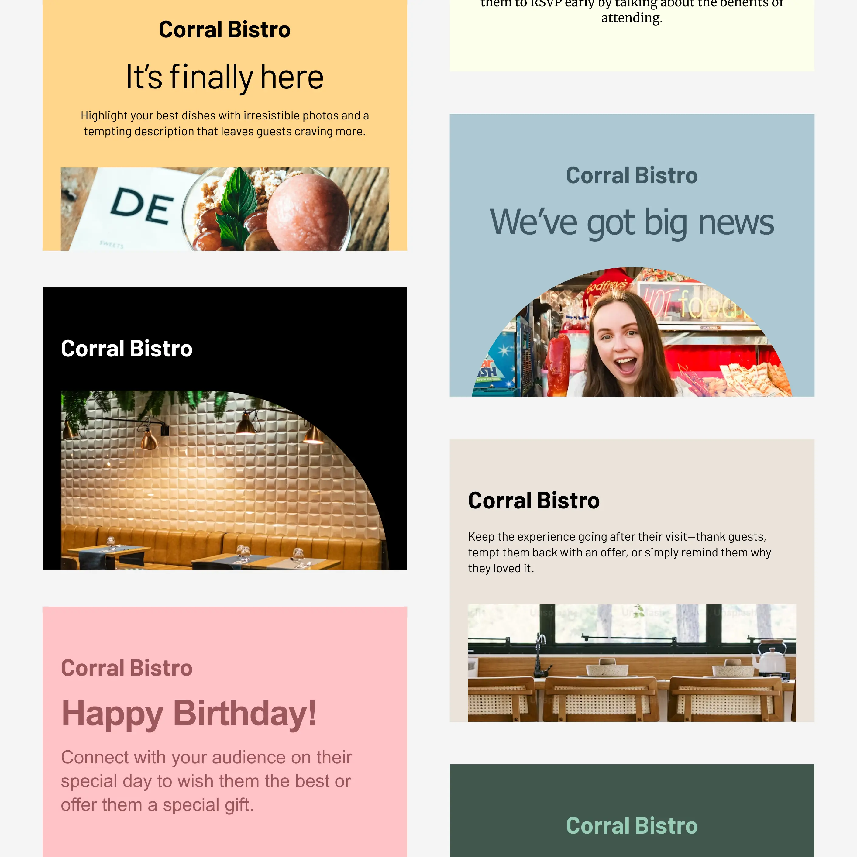 Une grille de modèles d’emails Cakemail pour les restaurants.