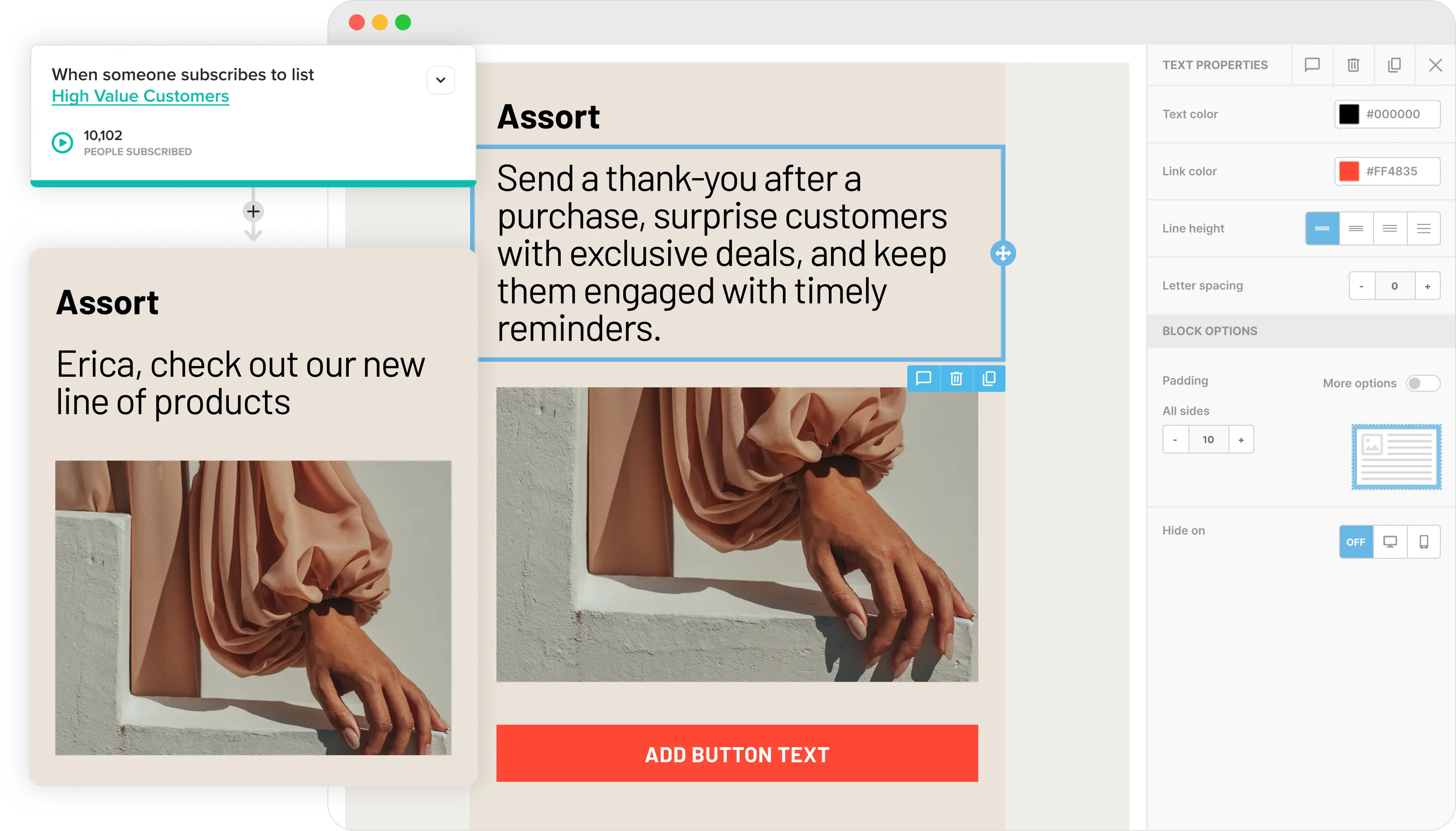 L’éditeur d’emails de Cakemail, avec un email pour le commerce de détail ouvert.