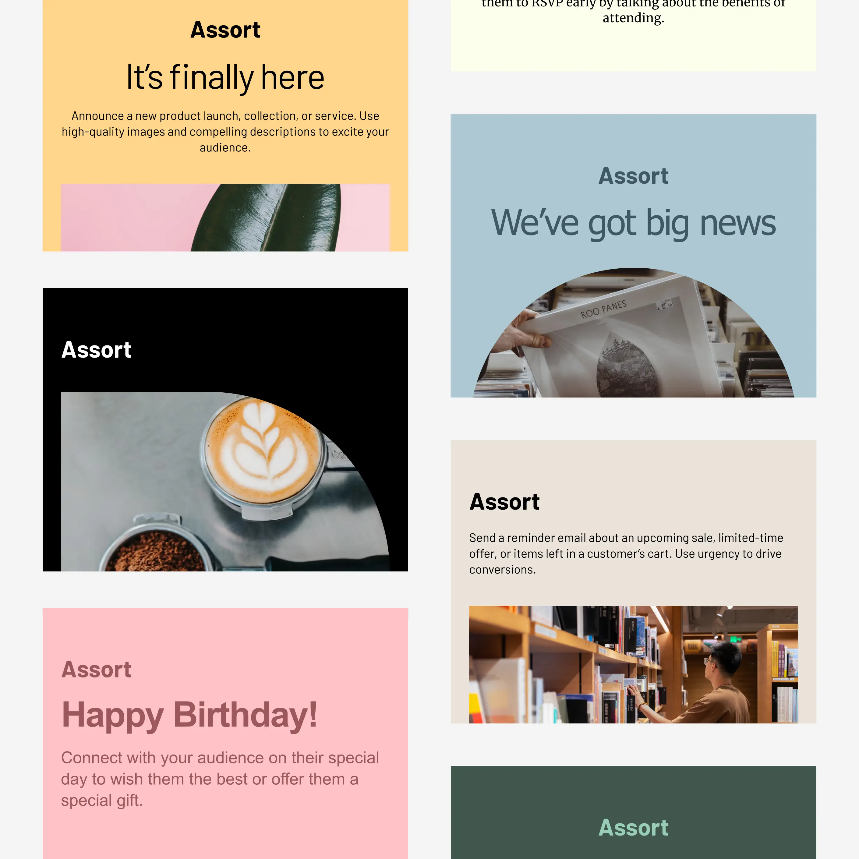 Une grille de modèles d’emails Cakemail pour le commerce de détail.