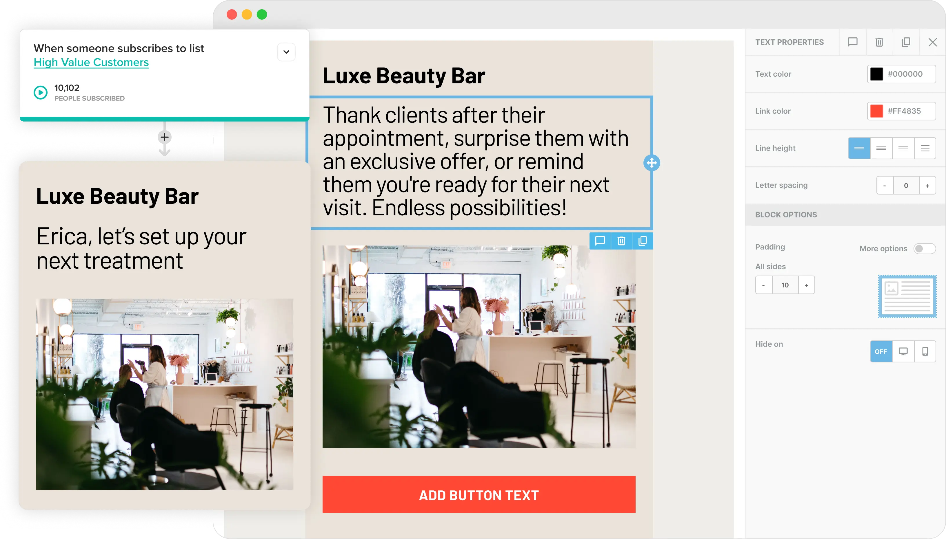 L’éditeur d’emails de Cakemail, avec un email pour les salons de beauté ouvert.