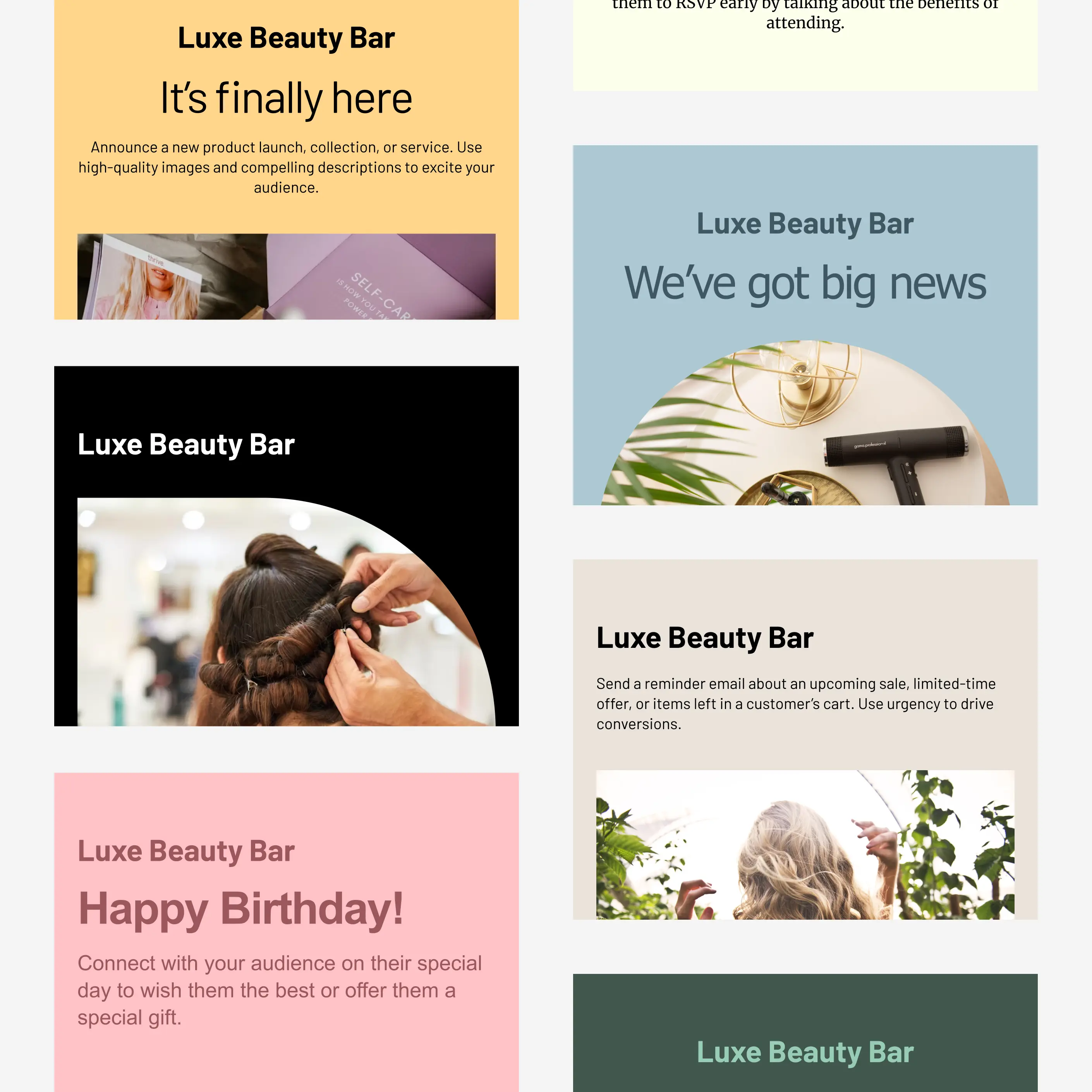Une grille de modèles d’emails Cakemail pour les salons de beauté.