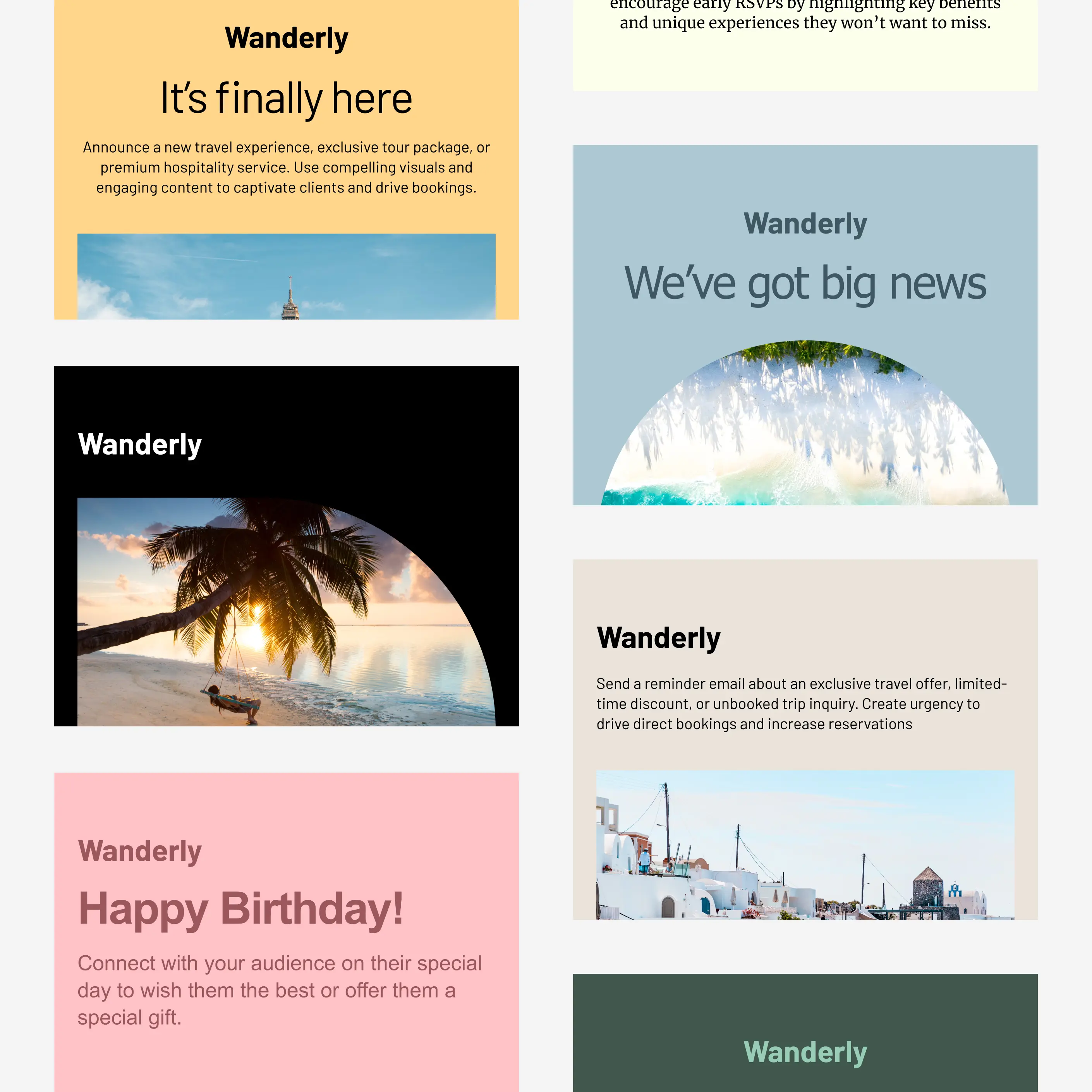 Une grille de modèles d’emails Cakemail pour le voyage.
